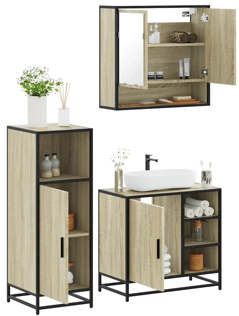 vidaXL 3 pcs conj. móveis casa banho derivados madeira carvalho sonoma