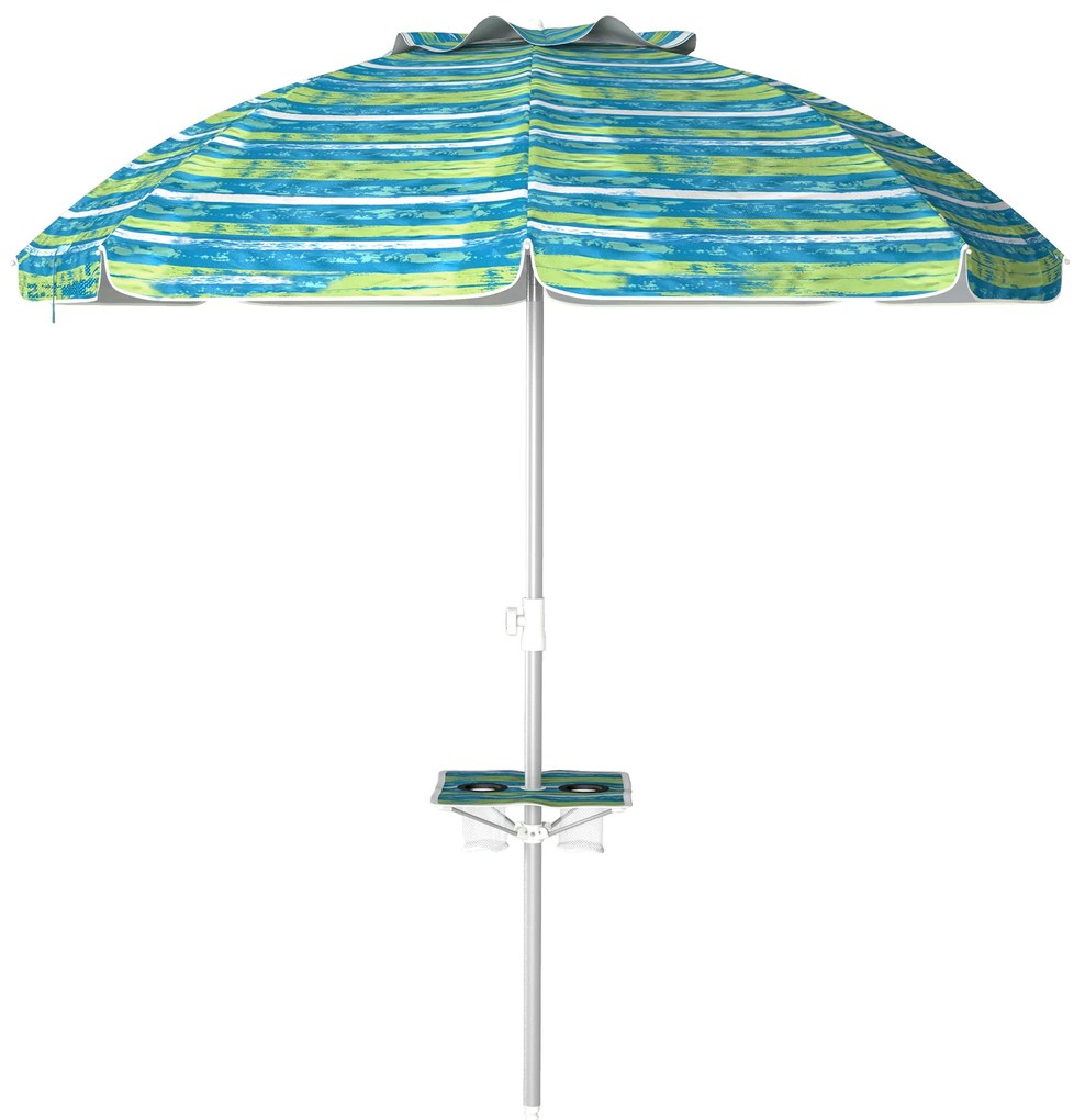 Chapéu de Sol de Praia Ø190x215 cm com Inclinação de 45° e Altura Ajustável Mesa com Porta-Copos Impermeável Multicolor