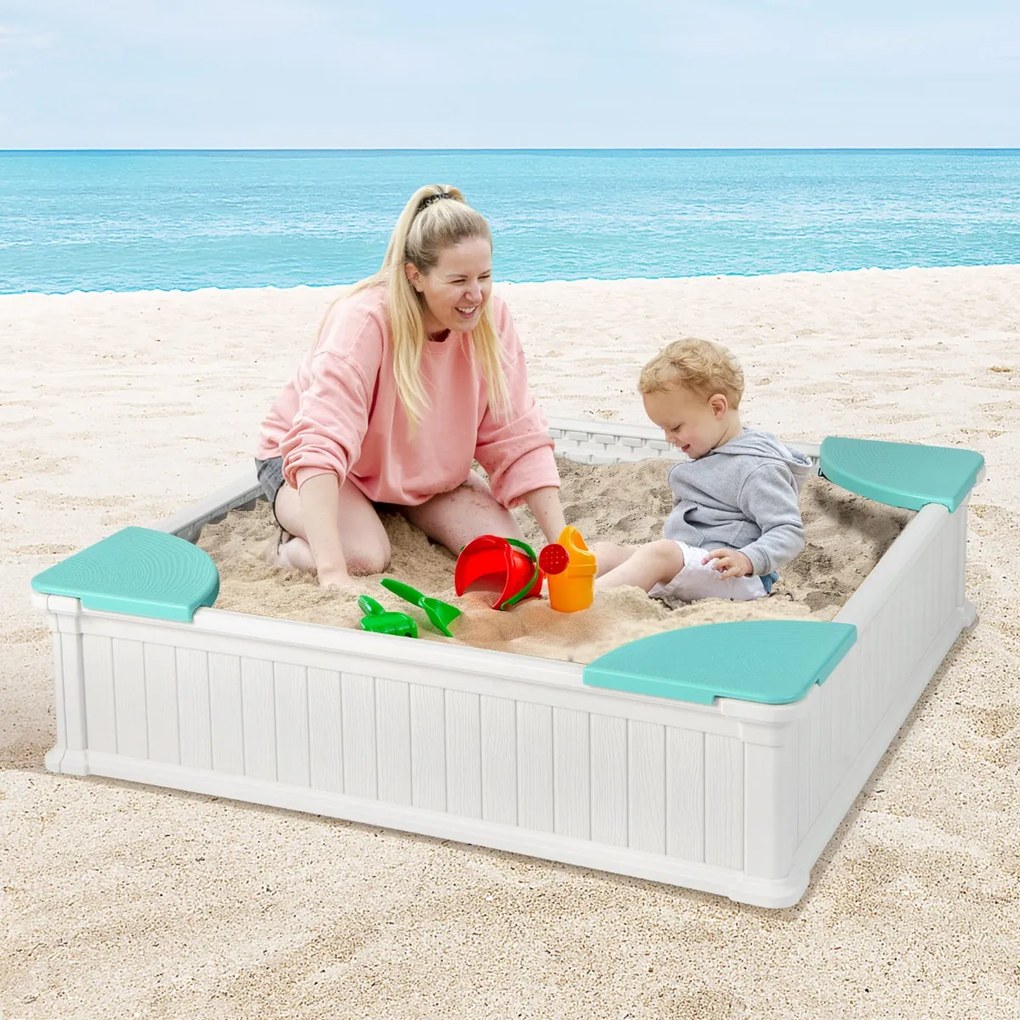 Caixa de areia com cobertura impermeável em HDPE com 4 assentos nos cantos, revestimento inferior e cobertura protetora, branca