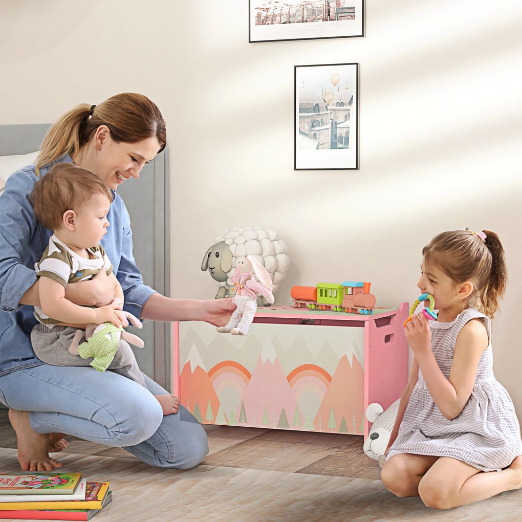 Baú de Brinquedos Organizador de Brinquedos para Crianças de 3 a 8 Anos com Estampado em Animaos 60x37x39 cm Rosa