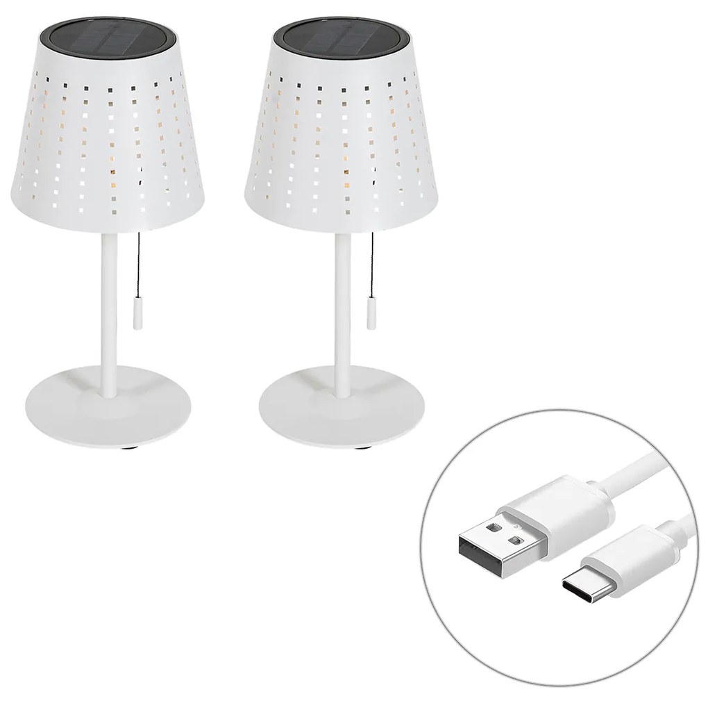 Conjunto de 2 candeeiros de mesa brancos com LED recarregável e solar regulável em 3 níveis - Ferre