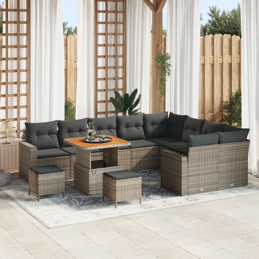 Conjunto de Sofá Jardim de 12 Peças com Almofadas Cinza Rattan Poliést