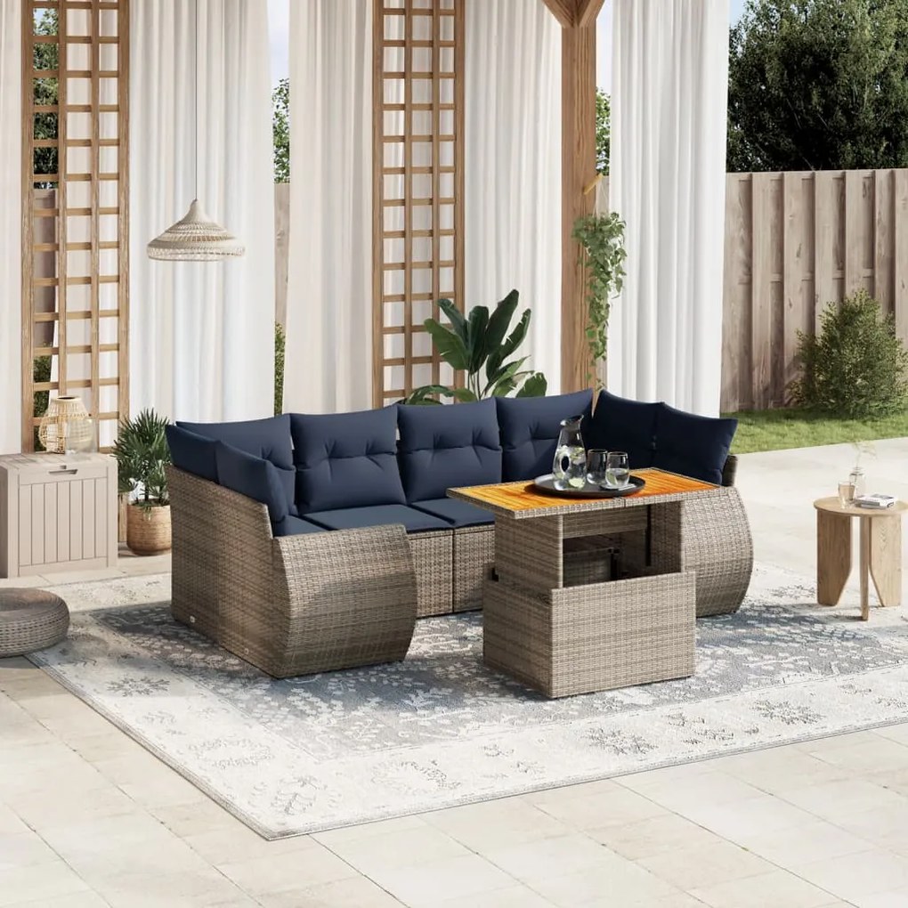 vidaXL 7 pcs conjunto sofás p/ jardim c/ almofadões vime PE cinzento