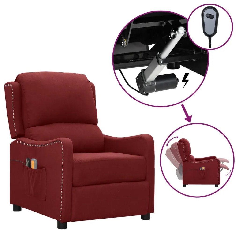 vidaXL Poltrona de massagens elétrica reclinável tecido vermelho tinto