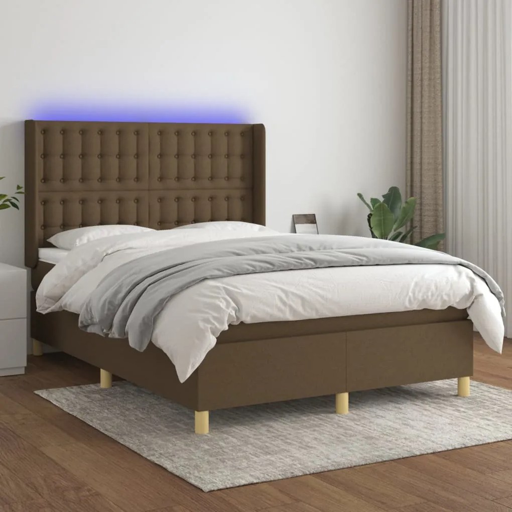 Cama box spring c/ colchão/LED 140x200cm tecido castanho-escuro