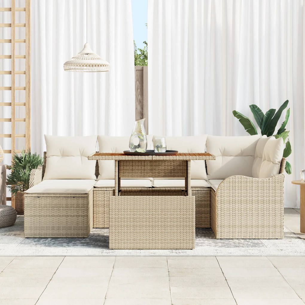 Conjunto de Sofá de Jardim de 7 Peças com Almofadas Bege Rattan Poliés