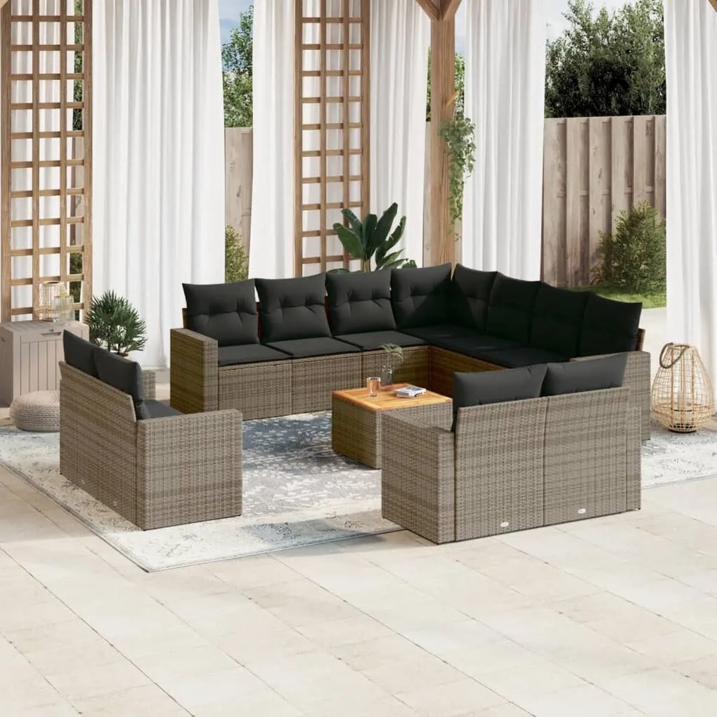 12 pcs conjunto de sofás jardim c/ almofadões vime PE cinzento