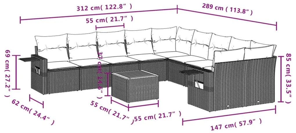 11 pcs conjunto sofás de jardim c/ almofadões vime PE cinzento