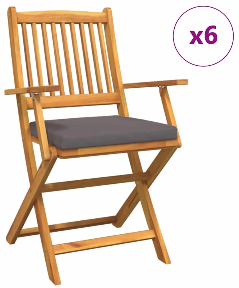 Cadeiras de Jardim Dobráveis vidaXL com Almofada Cinza 6pcs em Madeira