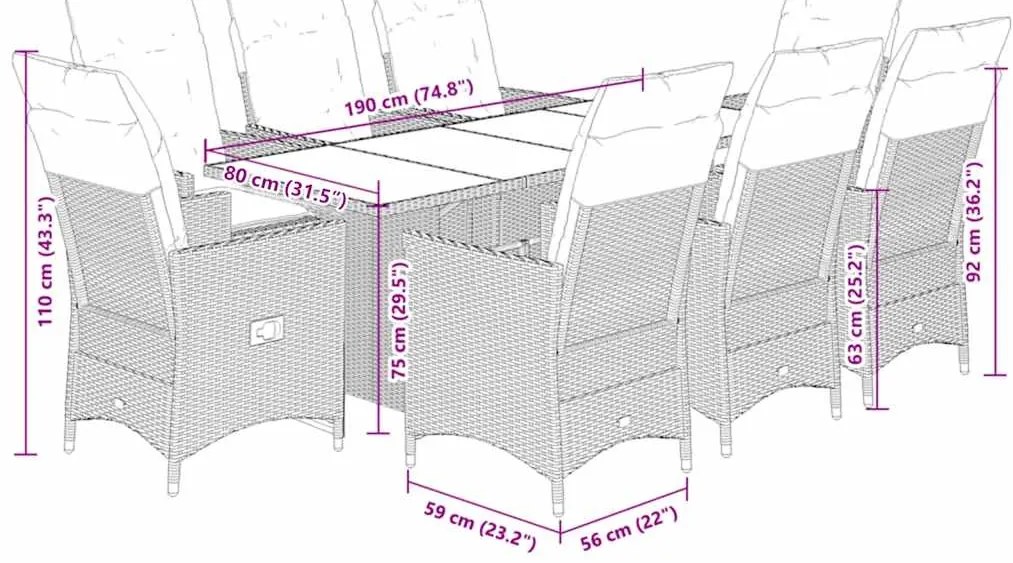 9 pcs conjunto de jantar p/ jardim c/ almofadões vime PE cinza