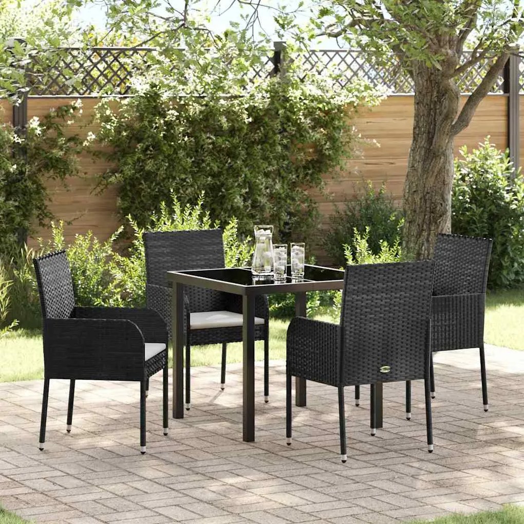 vidaXL Conjunto de Jantar de Jardim com 5 Peças e Almofadas Preto Polyrattan