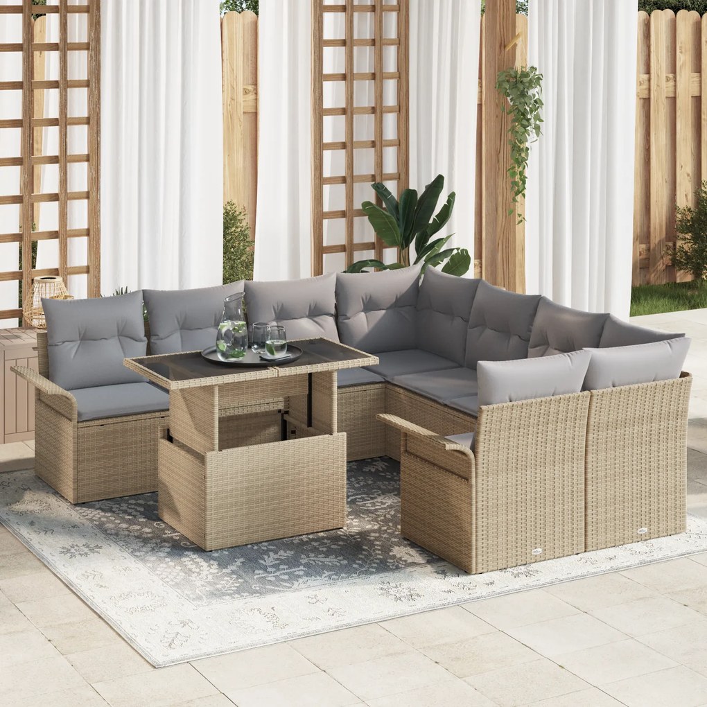 Conjunto de Sofá de Jardim vidaXL 9 Peças com Almofadas Bege Rattan Po