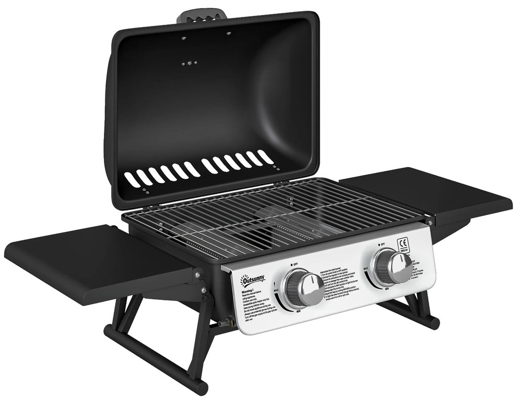 Outsunny Barbecue a Gás com 2 Queimadores de Aço Inoxidável 3 KW Prateleiras Laterais Bandeja e Termómetro 101x48x41 cm Preto