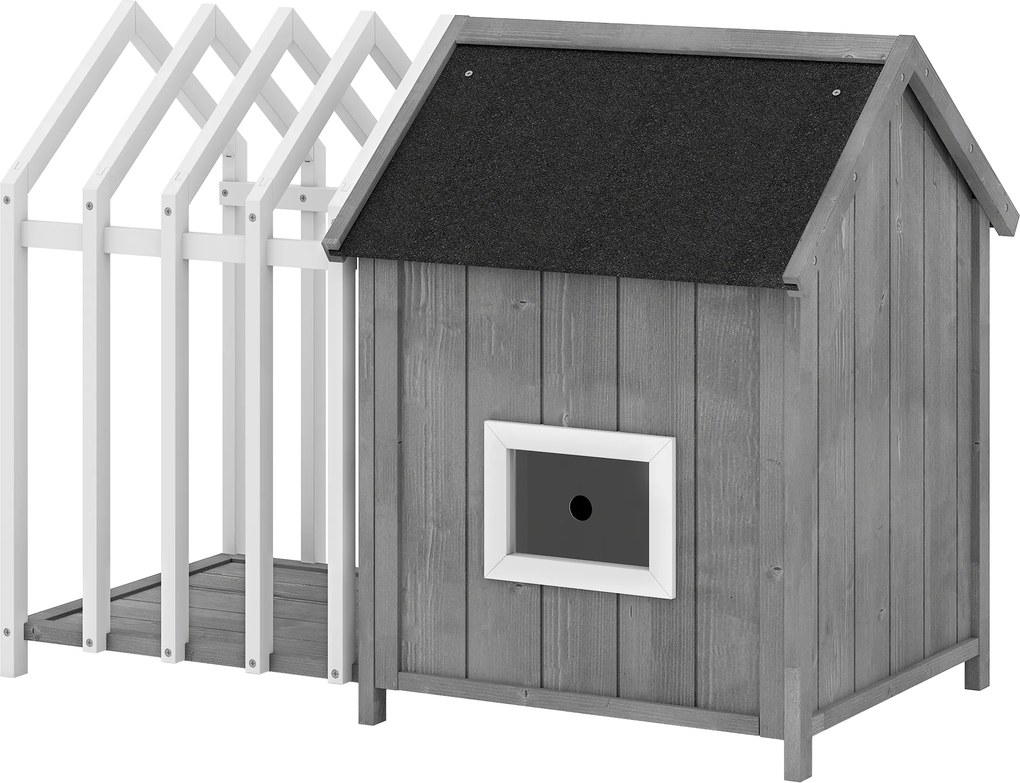 Casota com Compartimento aberto exterior para cães em madeira com terraço e porta de ripas, 106 x 62,5 x 80,5 cm, cinzenta