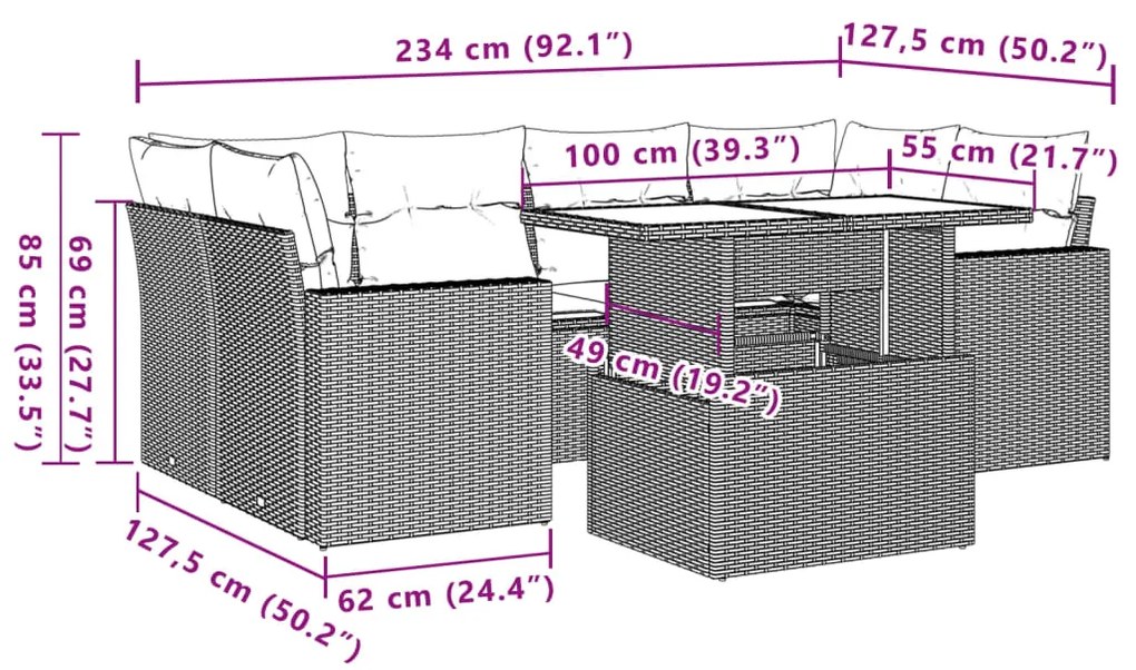 7 pcs conjunto de sofás p/ jardim com almofadões vime PE bege