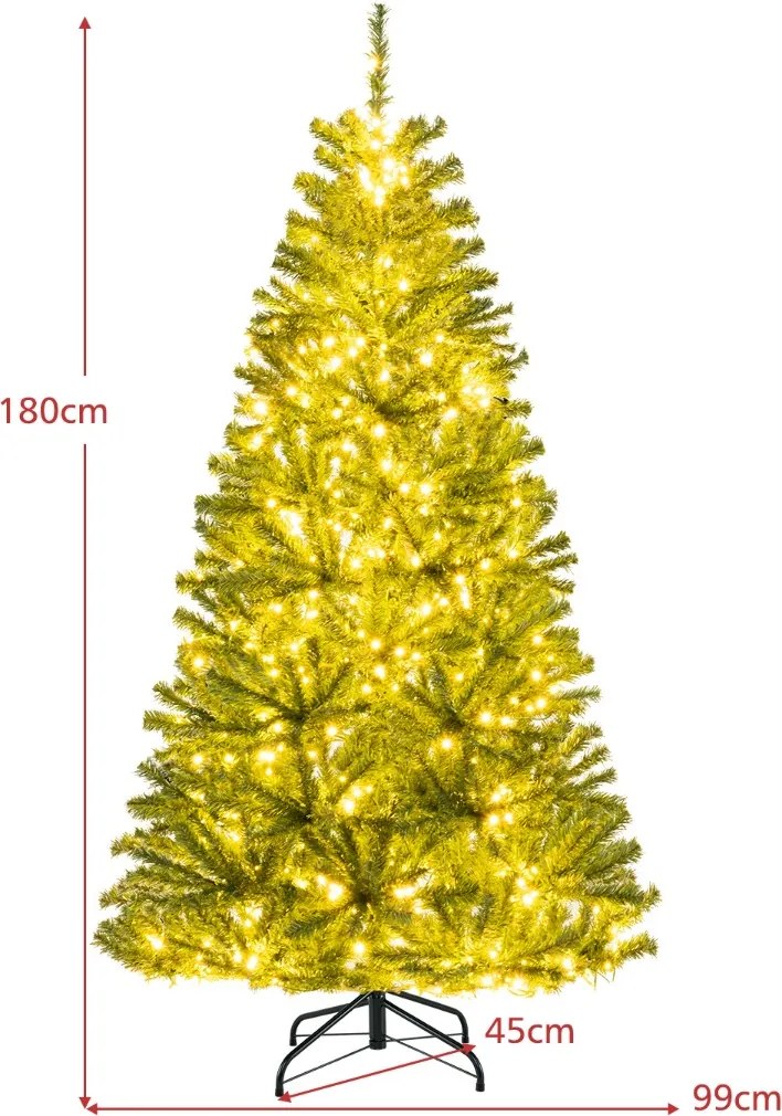 Árvore de Natal artificial 180 cm pré-iluminada com dobradiças, com 700 luzes LED, 680 pontas de ramos, controle remoto e temporizador verde