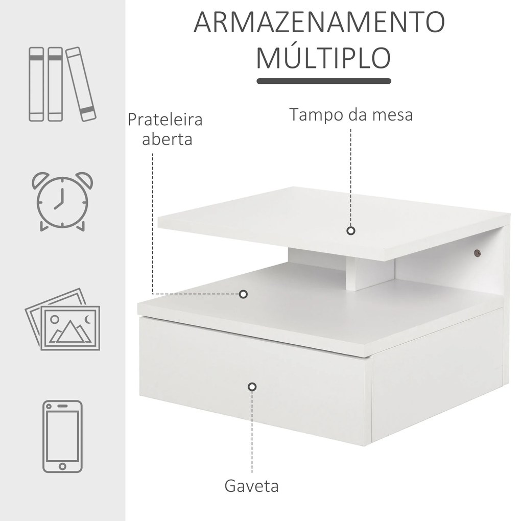 Conjunto de 2 mesas de cabeceira flutuantes com 1 gaveta e prateleira aberta montado na parede de madeira 35x32x22,5 cm Branco