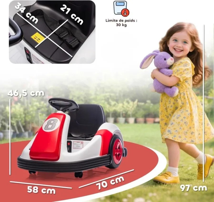 Carrinho de choque para crianças de 6 V, rotação de 360°, carro de choque elétrico para crianças 3-6 anos com motor duplo, música e buzina vermelho, b