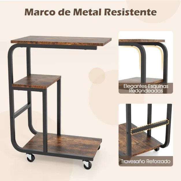 Mesa apoio em forma de C para sofá 53 x 30 x 70 cm com prateleiras abertas Mesa lateral industrial com rodas Castanho