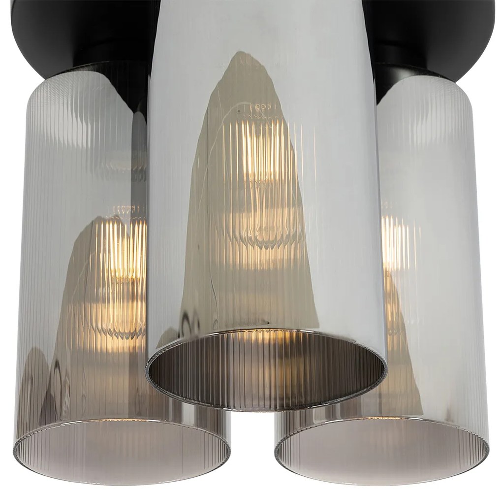 Candeeiro de tecto Art Deco preto com vidro fumê 3 luzes - Laura Art Deco