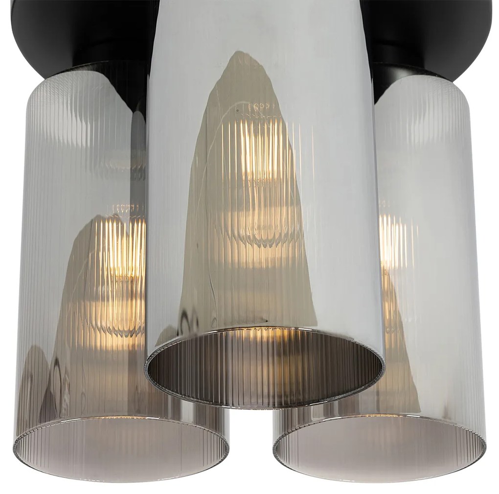 Candeeiro de teto Art Déco preto vidro fumê 3 luzes - Laura Art Deco