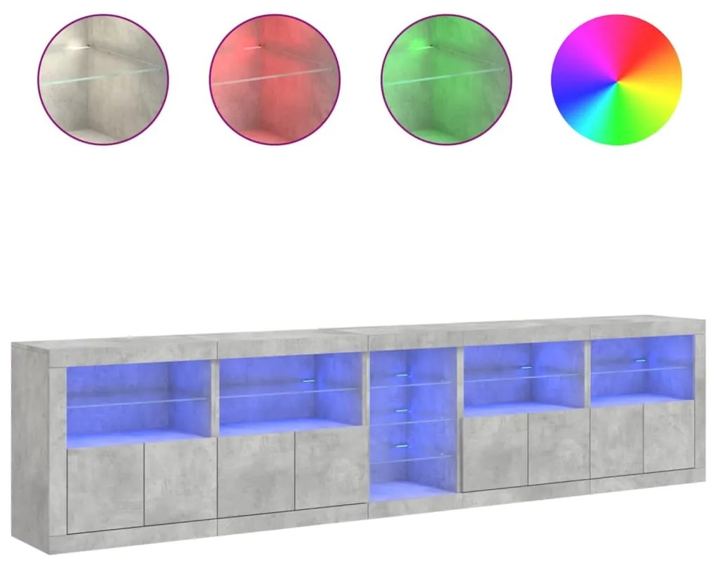 Aparador com luzes LED 283x37x67 cm cinzento cimento