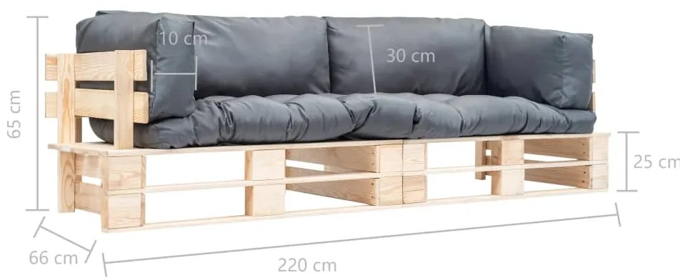 Conj. sofá de paletes 2 pcs com almofadões cinzentos pinho