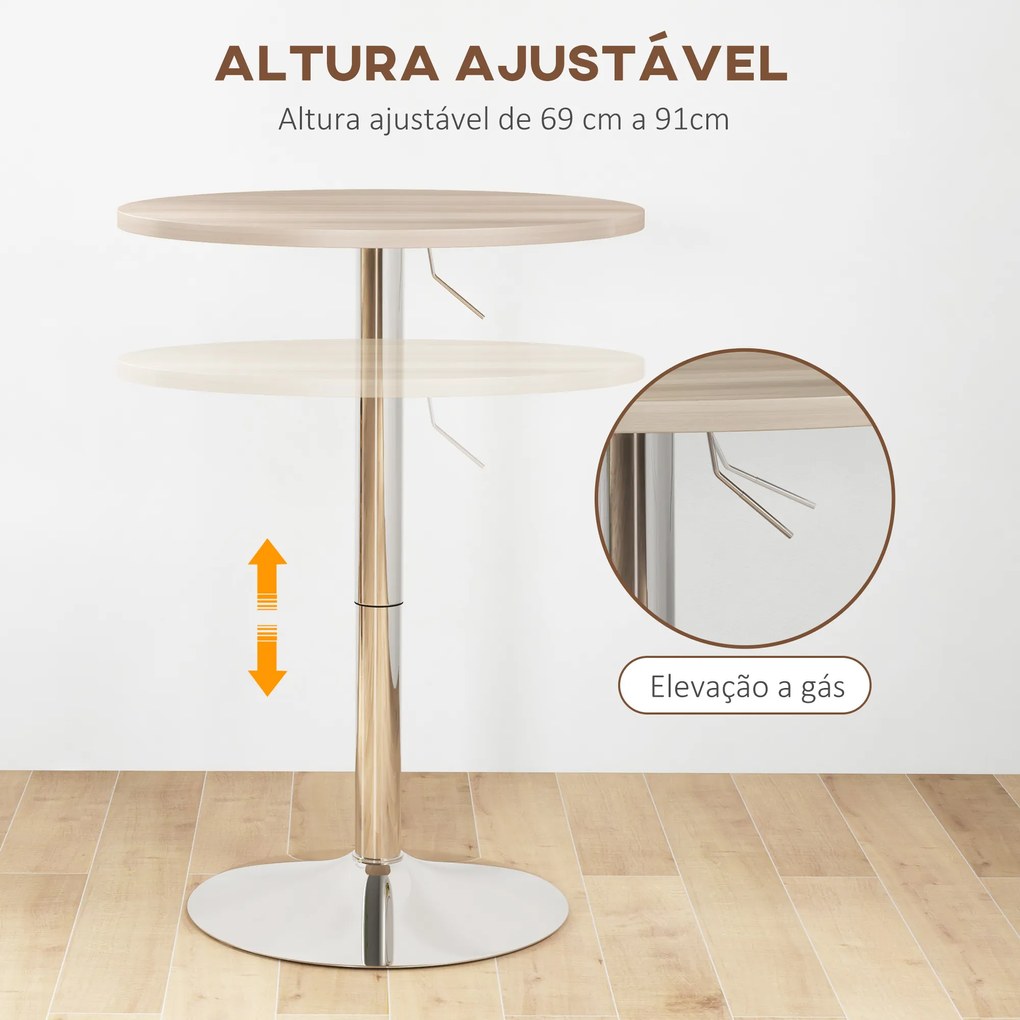Mesa Alta de Bar Redonda (BANCOS NÃO INCLUIDOS) para 2 Pessoas Altura Ajustável Tampo Giratório 360° 60x60x91 cm Carvalho Claro