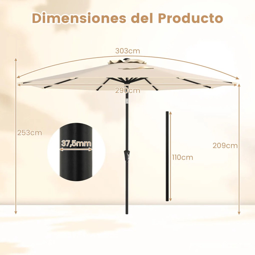 Guarda-sol de jardim 303 cm  com manivela, inclinação com botão, 8 varas, toldo duplo, impermeável e protetor solar Bege