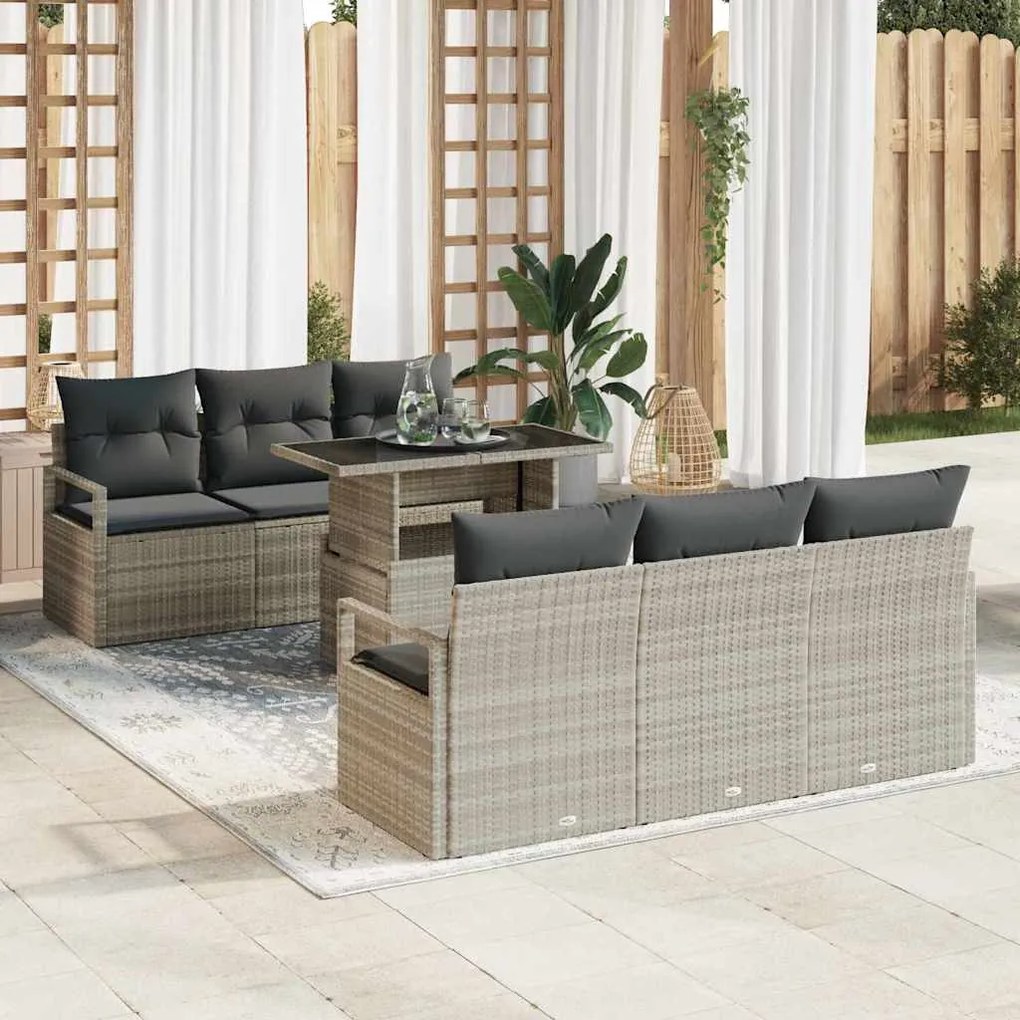 vidaXL Conjunto de Sofá de Jardim de 7 Peças com Almofadas Cinza Claro em Rattan Sintético