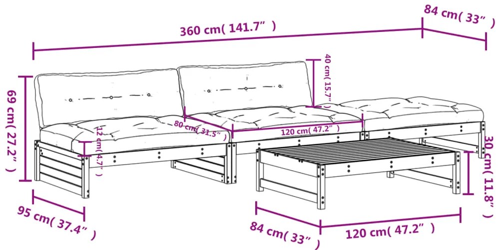 4pcs conj. lounge jardim+almofadões madeira maciça castanho-mel
