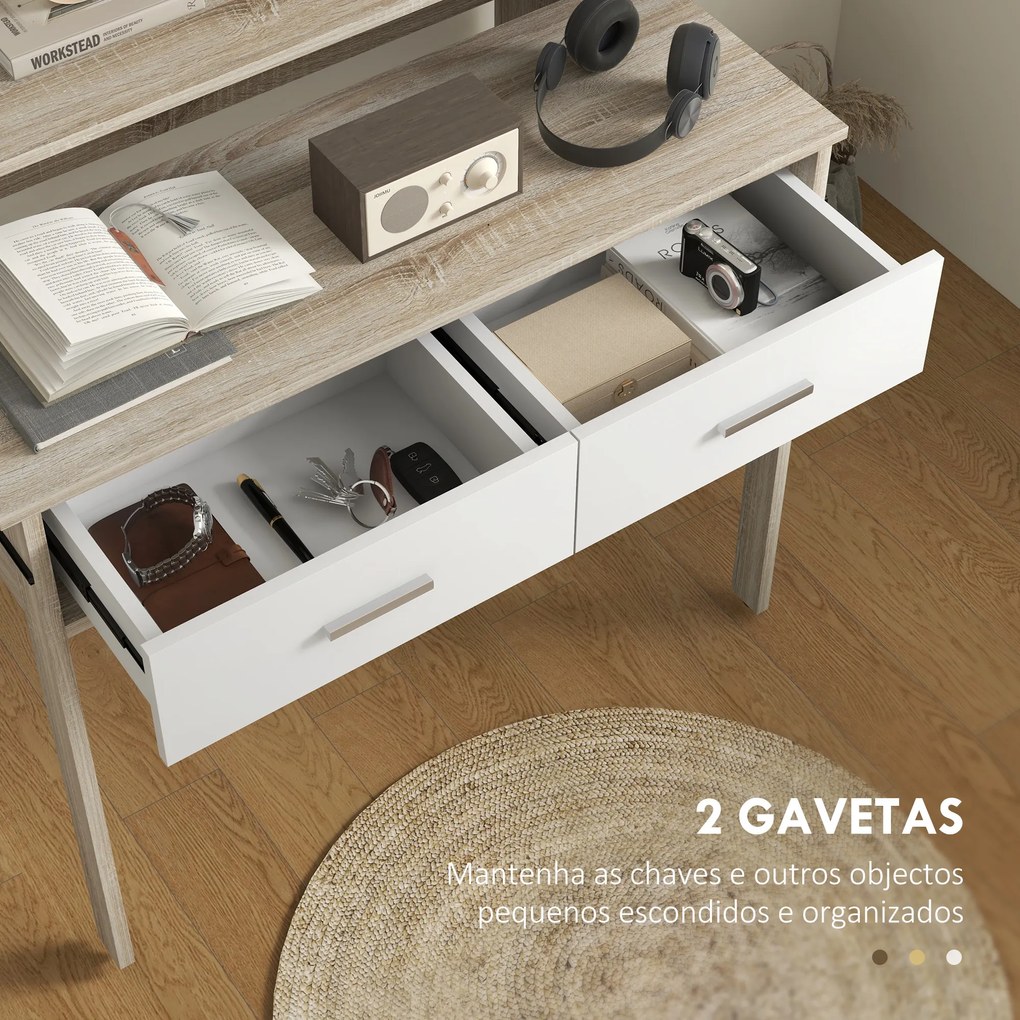 Mesa Consola de Entrada de 2 Níveis com Trilhos Deslizantes 2 Gavetas 2 Rodas Móvel de Entrada 95x35x87 cm Madeira e Branco