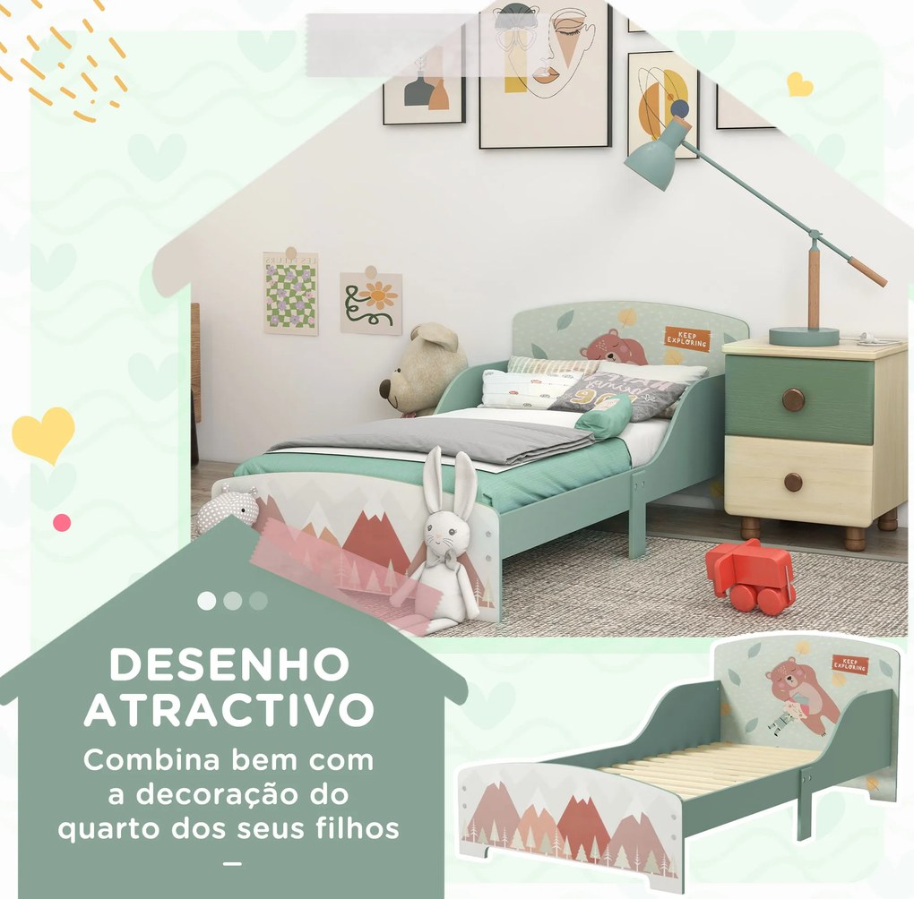 Cama para Crianças de Madeira (COLCHÃO NÃO INCLUIDO) com Barreira de Proteção e Estampados Carga Máx. 40 kg 77x143x60 cm Verde