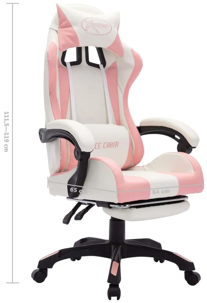 Cadeira estilo corrida c/ luzes LED RGB couro arti. rosa/branco