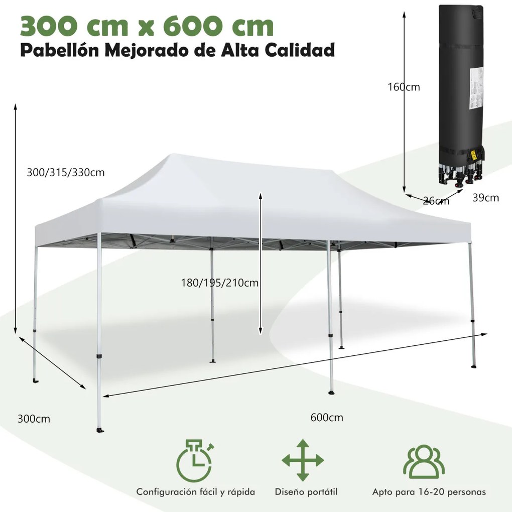 Tenda 3 x 6 m dobrável Pop-up UPF 50+ instantâneo sobre rodas Tenda impermeável para casamentos Festas Campismo Branco