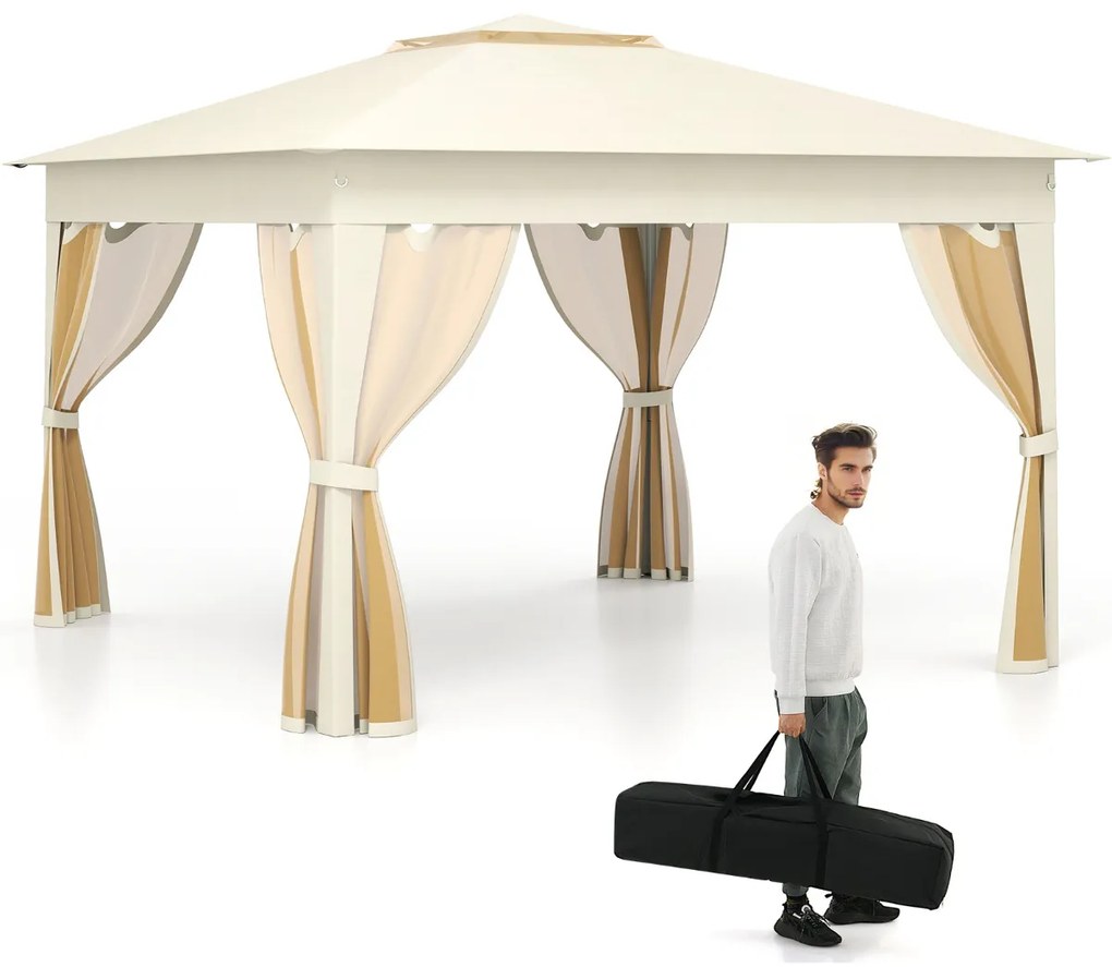 Pergula Instantânea para Jardim 337 x 337 CM Dobrável com Telhado Duplo com Rede Bolsa de Transporte Fácil Montagem Bege