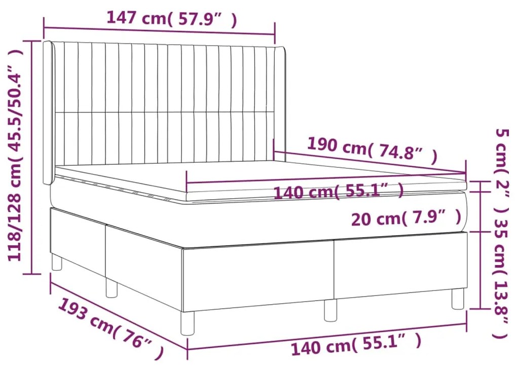 Cama box spring c/ colchão/LED 140x190 cm veludo rosa