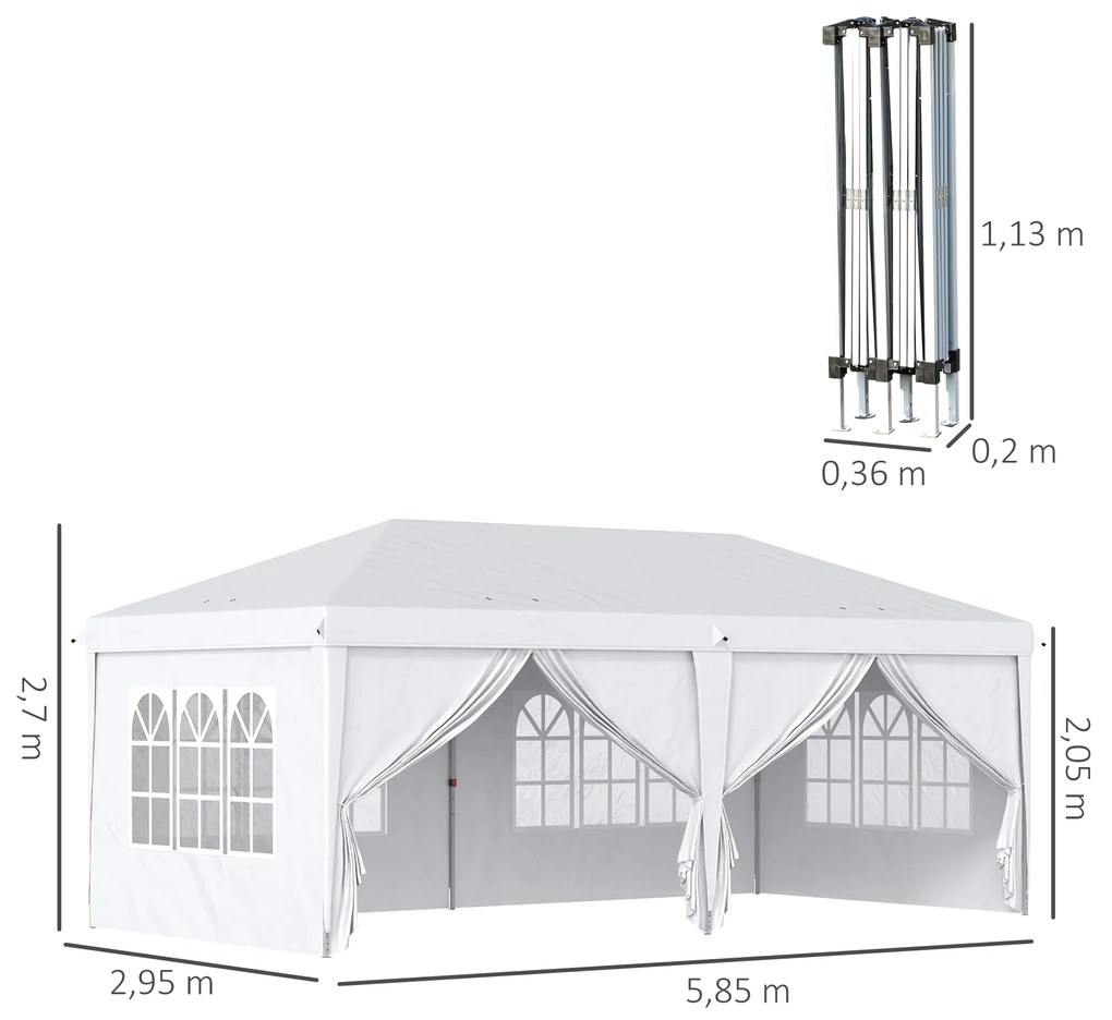 Tenda para Festas 585x295x270 cm com Paredes Laterais Amovíveis 2 Portas com Zíper 4 Janelas e Bolsa de Transporte Branco