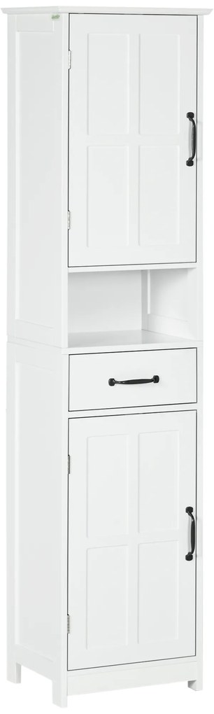 Coluna de Casa de Banho com 2 Portas 1 Gaveta Prateleira Aberta e Prateleiras Ajustáveis 40x30x164 cm Branco