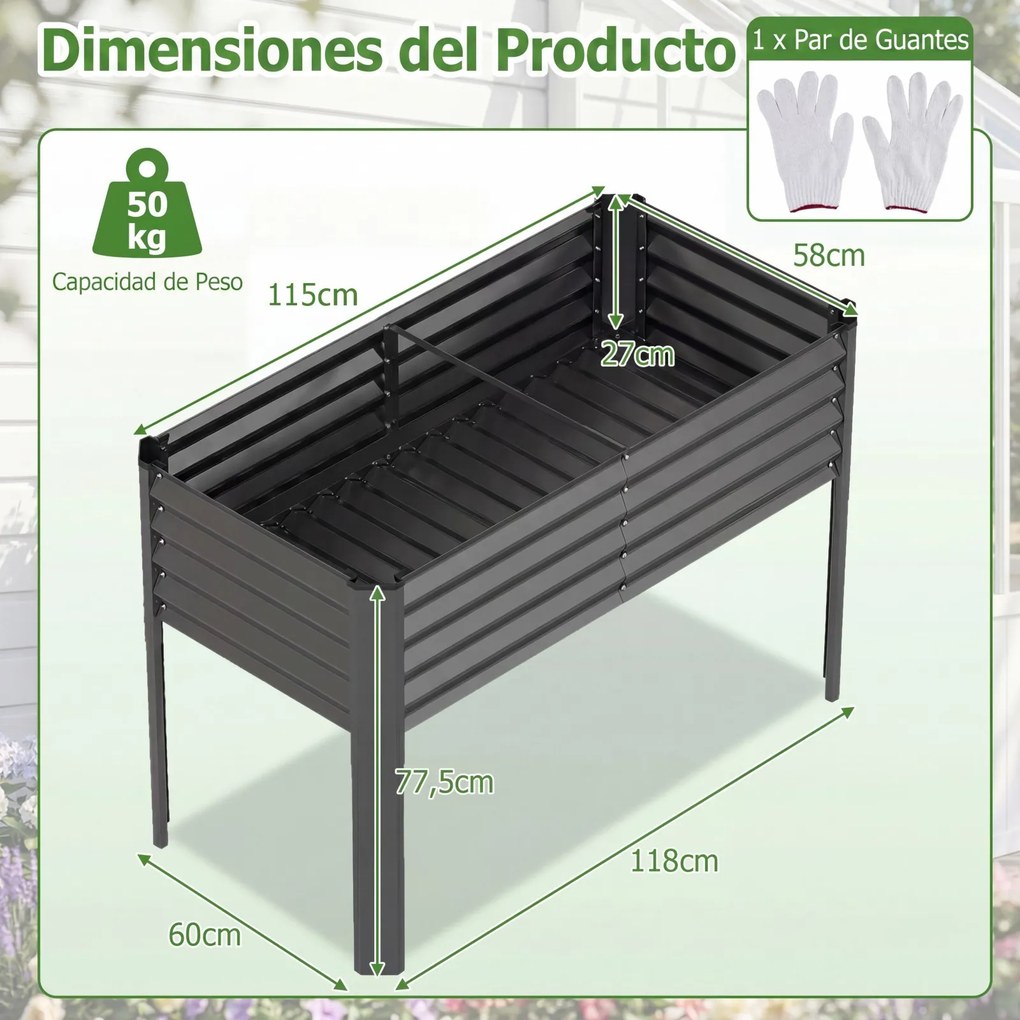 Floreira elevada de jardim 118 x 60 x 77,5 cm com Estrutura em metal galvanizado, pés elevados, sistema de drenagem e base alta para terraço ou pátio
