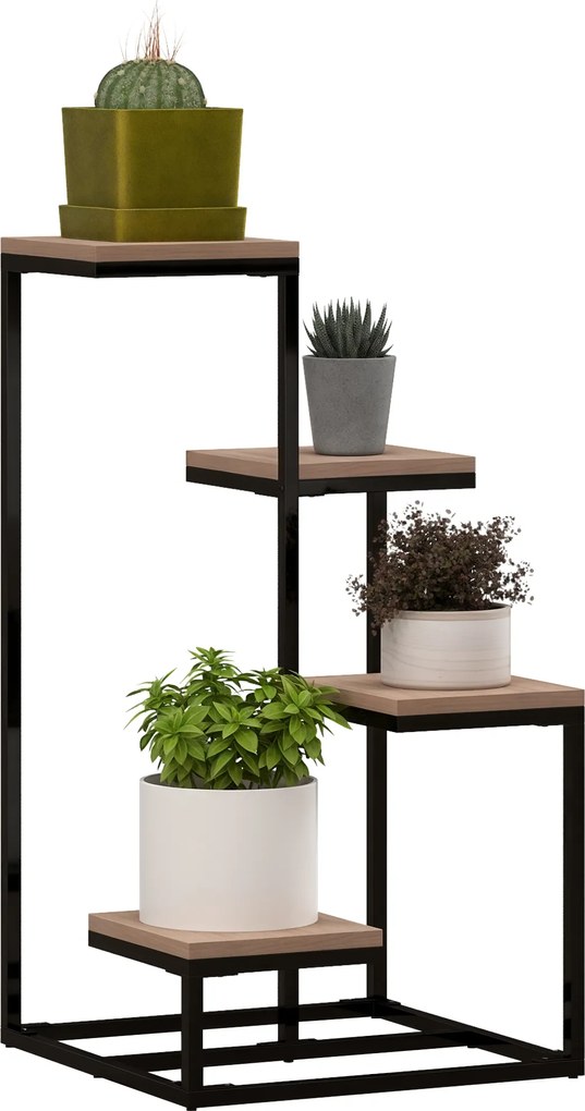 Estante para plantas e flores em metal e madeira 40 x 40 x 75,5 cm, com 4 níveis de alturas diferentes, estilo industrial preto e castanho