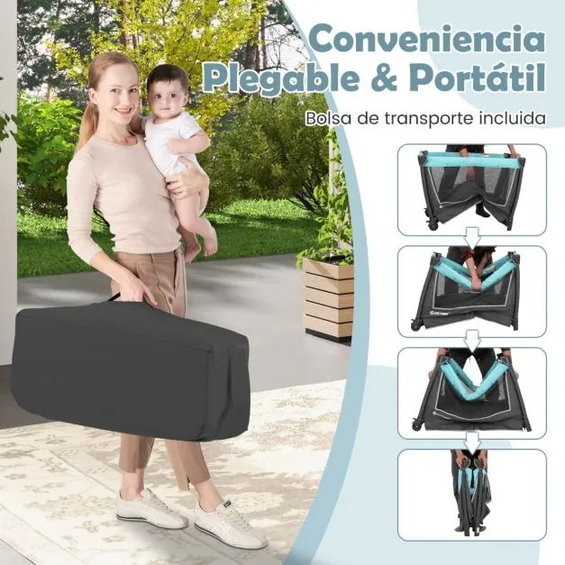 Berço dobrável 5 em 1 com berço removível 103 x 74 x 73 cm, trocador e bolsa de transporte com rodas Centro de cuidados portátil cinza + verde