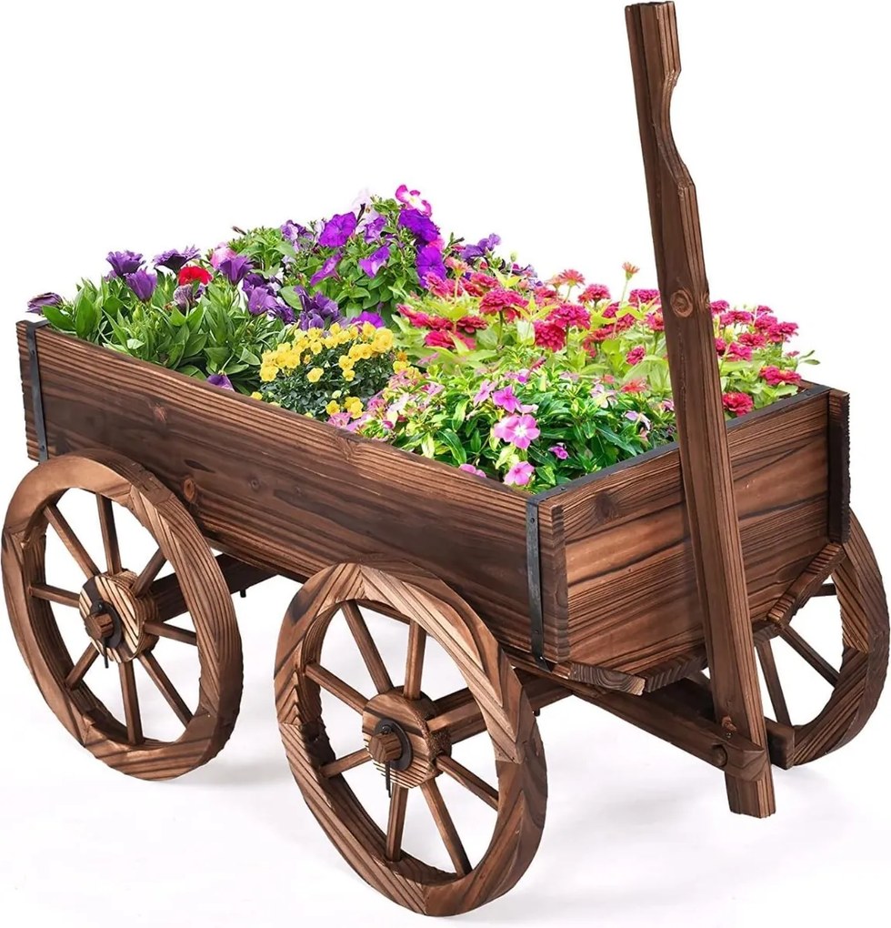 Carrinho floreira de madeira 75 x 43 x 53,5 cm para exteriores decorativo para jardim para plantas com 4 rodas e alça Castanho