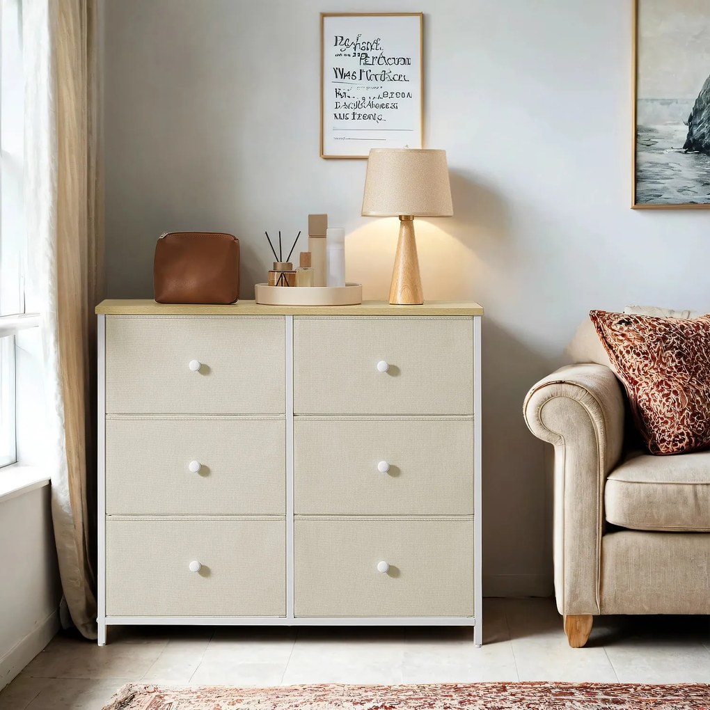 Cómoda com 6 gavetas em tecido 30 x 56 x 93 cm amarelo + branco creme