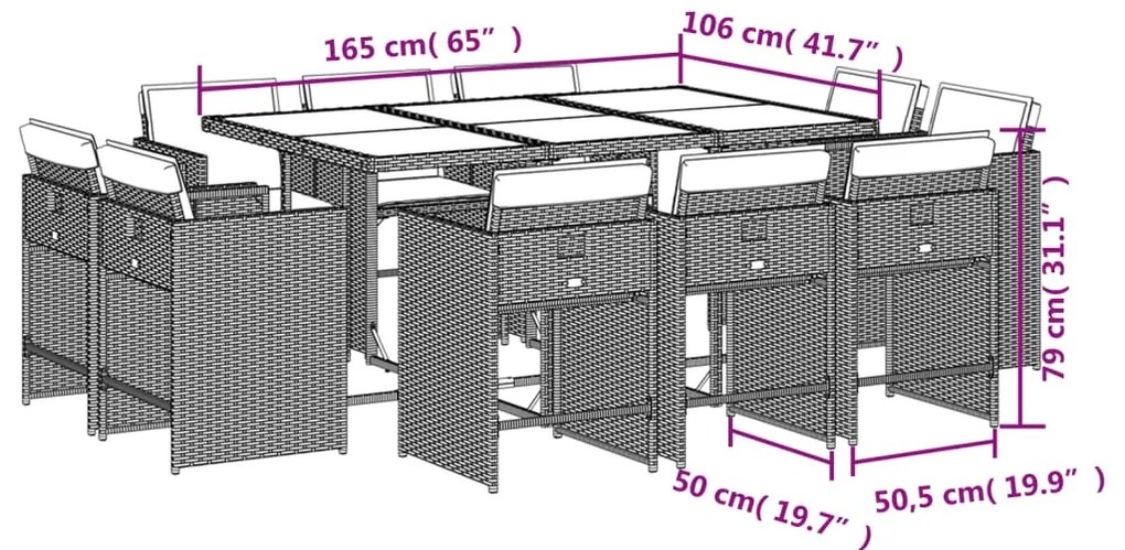 11 pcs conjunto de jantar p/ jardim com almofadões vime PE bege