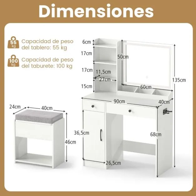 Toucador com banco, espelho e luzes LED reguláveis com estação de carregamento, 3 prateleiras abertas, 2 gavetas, 90 x 40 x 135 cm, branca