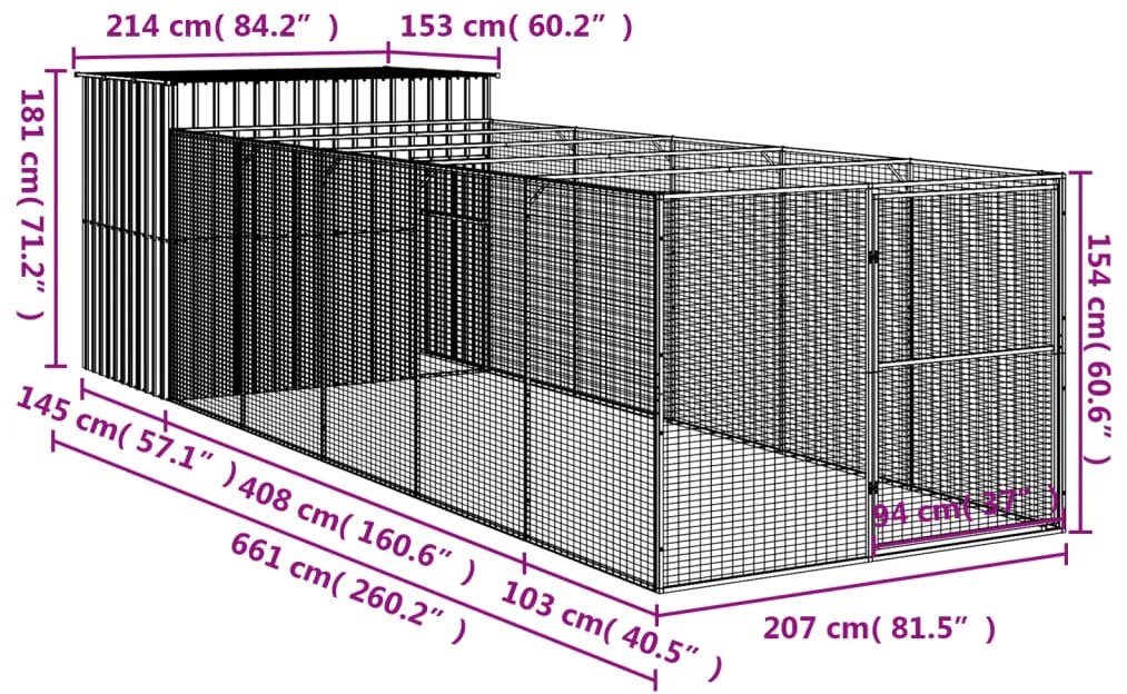 Casota cães c/ parque 214x661x181 cm aço galvaniz. cinza-claro