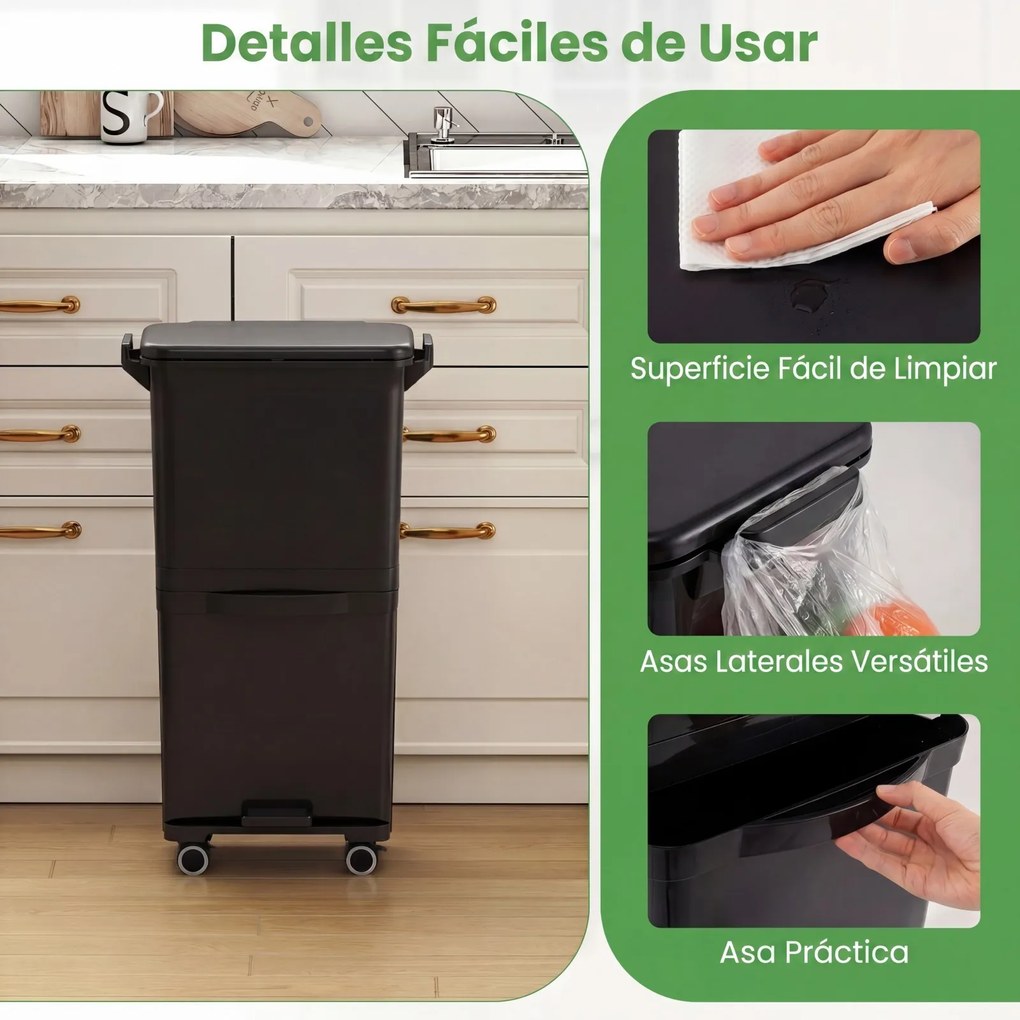 Caixote do lixo de 36 litros com 2 cubos e autocolantes para triagem de lixo 42 x 29 x 74 cm (C x L x A) Contentor de resíduos com rodas, modelo unive