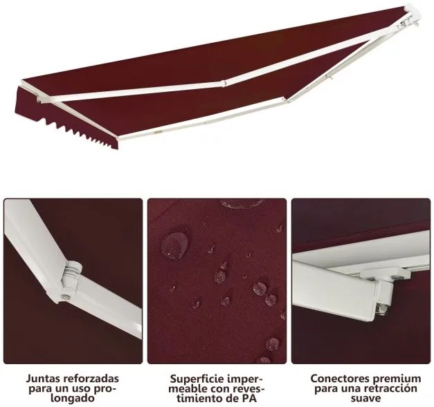 Toldo retrátil 3 x 2,5 m em alumínio com manivela e poliéster impermeável para exterior Cor de Vinho