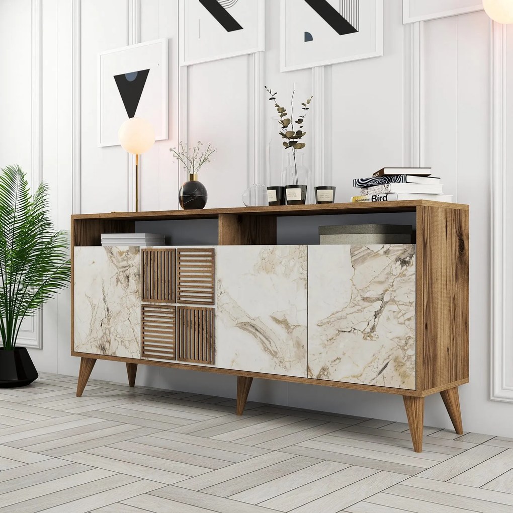 Console Milan – Nogal e Mármore Branco – 160 cm x 78 cm x 35 cm